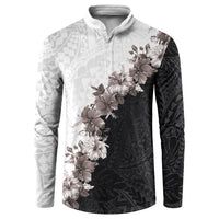 Hawaii Grayscale Hibiscus Flowers Button Sweatshirt Polynesian Pattern With Half Black White Version LT03 Black - Polynesian Pride