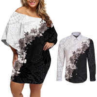 Hawaii Grayscale Hibiscus Flowers Couples Matching Off Shoulder Short Dress and Long Sleeve Button Shirt Polynesian Pattern With Half Black White Version
