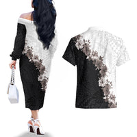 Hawaii Grayscale Hibiscus Flowers Couples Matching Off The Shoulder Long Sleeve Dress and Hawaiian Shirt Polynesian Pattern With Half Black White Version