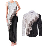 Hawaii Grayscale Hibiscus Flowers Couples Matching Tank Maxi Dress and Long Sleeve Button Shirt Polynesian Pattern With Half Black White Version