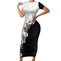 Hawaii Grayscale Hibiscus Flowers Short Sleeve Bodycon Dress Polynesian Pattern With Half Black White Version LT03