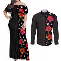 Hawaii Hibiscus and Plumeria Flowers Couples Matching Off Shoulder Maxi Dress and Long Sleeve Button Shirt Tapa Tribal Pattern Half Style Colorful Mode