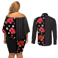 Hawaii Hibiscus and Plumeria Flowers Couples Matching Off Shoulder Short Dress and Long Sleeve Button Shirt Tapa Tribal Pattern Half Style Colorful Mode