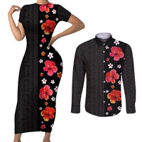 Hawaii Hibiscus and Plumeria Flowers Couples Matching Short Sleeve Bodycon Dress and Long Sleeve Button Shirt Tapa Tribal Pattern Half Style Colorful Mode
