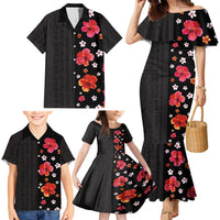 Hawaii Hibiscus and Plumeria Flowers Family Matching Mermaid Dress and Hawaiian Shirt Tapa Tribal Pattern Half Style Colorful Mode