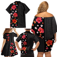 Hawaii Hibiscus and Plumeria Flowers Family Matching Off Shoulder Short Dress and Hawaiian Shirt Tapa Tribal Pattern Half Style Colorful Mode