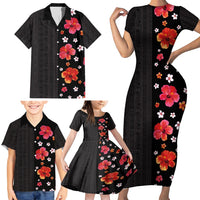 Hawaii Hibiscus and Plumeria Flowers Family Matching Short Sleeve Bodycon Dress and Hawaiian Shirt Tapa Tribal Pattern Half Style Colorful Mode