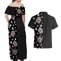 Hawaii Hibiscus and Plumeria Flowers Couples Matching Off Shoulder Maxi Dress and Hawaiian Shirt Tapa Tribal Pattern Half Style Grayscale Mode