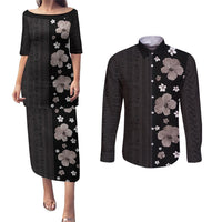 Hawaii Hibiscus and Plumeria Flowers Couples Matching Puletasi and Long Sleeve Button Shirt Tapa Tribal Pattern Half Style Grayscale Mode