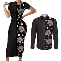 Hawaii Hibiscus and Plumeria Flowers Couples Matching Short Sleeve Bodycon Dress and Long Sleeve Button Shirt Tapa Tribal Pattern Half Style Grayscale Mode