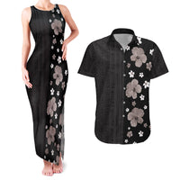 Hawaii Hibiscus and Plumeria Flowers Couples Matching Tank Maxi Dress and Hawaiian Shirt Tapa Tribal Pattern Half Style Grayscale Mode