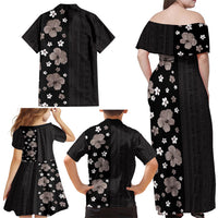 Hawaii Hibiscus and Plumeria Flowers Family Matching Off Shoulder Maxi Dress and Hawaiian Shirt Tapa Tribal Pattern Half Style Grayscale Mode