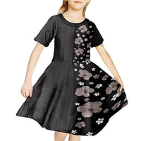 Hawaii Hibiscus and Plumeria Flowers Kid Short Sleeve Dress Tapa Tribal Pattern Half Style Grayscale Mode