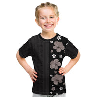 Hawaii Hibiscus and Plumeria Flowers Kid T Shirt Tapa Tribal Pattern Half Style Grayscale Mode