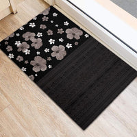 Hawaii Hibiscus and Plumeria Flowers Rubber Doormat Tapa Tribal Pattern Half Style Grayscale Mode
