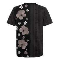Hawaii Hibiscus and Plumeria Flowers Rugby Jersey Tapa Tribal Pattern Half Style Grayscale Mode