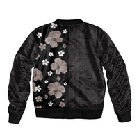 Hawaii Hibiscus and Plumeria Flowers Sleeve Zip Bomber Jacket Tapa Tribal Pattern Half Style Grayscale Mode