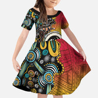 Vanuatu and Australia Together Family Matching Long Sleeve Bodycon Dress and Hawaiian Shirt Kangaroo with Pig Tusk Indigenous Pattern LT03 Daughter's Dress Black - Polynesian Pride
