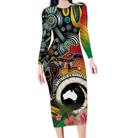 Vanuatu and Australia Together Family Matching Long Sleeve Bodycon Dress and Hawaiian Shirt Kangaroo with Pig Tusk Indigenous Pattern LT03 Mom's Dress Black - Polynesian Pride