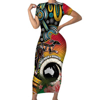 Vanuatu and Australia Together Family Matching Short Sleeve Bodycon Dress and Hawaiian Shirt Kangaroo with Pig Tusk Indigenous Pattern LT03 Mom's Dress Black - Polynesian Pride