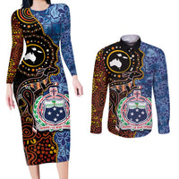 Samoa and Australia Together Couples Matching Long Sleeve Bodycon Dress and Long Sleeve Button Shirt Kangaroo and Tribal Hibiscus Aboriginal Pattern
