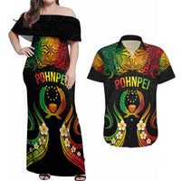 Personalised Pohnpei Independence Day Couples Matching Off Shoulder Maxi Dress and Hawaiian Shirt Polynesian Tattoo and Plumeria Reggae Color