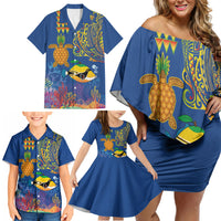 Hawaii Ocean Family Matching Off Shoulder Short Dress and Hawaiian Shirt Pineapple Turtle and Mango Reef Triggerfish and Kakau Tattoo LT03 - Polynesian Pride