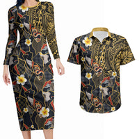 Hawaiian and Japanese Couples Matching Long Sleeve Bodycon Dress and Hawaiian Shirt Polynesian Tattoo with Japanese Culture Kintsugi Style LT03 Multicolor - Polynesian Pride
