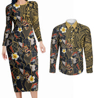 Hawaiian and Japanese Couples Matching Long Sleeve Bodycon Dress and Long Sleeve Button Shirt Polynesian Tattoo with Japanese Culture Kintsugi Style LT03 Multicolor - Polynesian Pride