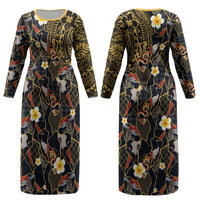 Hawaiian and Japanese Couples Matching Long Sleeve Bodycon Dress and Long Sleeve Button Shirt Polynesian Tattoo with Japanese Culture Kintsugi Style LT03 - Polynesian Pride