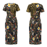 Hawaiian and Japanese Couples Matching Short Sleeve Bodycon Dress and Long Sleeve Button Shirt Polynesian Tattoo with Japanese Culture Kintsugi Style LT03 - Polynesian Pride