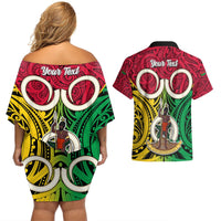 Personalised Vanuatu Couples Matching Off Shoulder Short Dress and Hawaiian Shirt Pig Tusk Mix Maori Pattern and Namele Leaf LT03 - Polynesian Pride