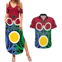 Vanuatu Shefa Province Couples Matching Summer Maxi Dress and Hawaiian Shirt Pig Tusk Mix Maori Pattern and Namele Leaf LT03 Red - Polynesian Pride