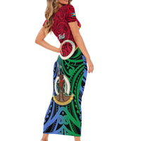 Personalised Vanuatu Shefa Province Short Sleeve Bodycon Dress Pig Tusk Mix Maori Pattern and Namele Leaf LT03 - Polynesian Pride