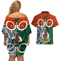 Vanuatu Penama Province Couples Matching Off Shoulder Short Dress and Hawaiian Shirt Pig Tusk Mix Maori Pattern and Namele Leaf LT03 - Polynesian Pride