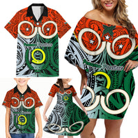 Vanuatu Penama Province Family Matching Off Shoulder Short Dress and Hawaiian Shirt Pig Tusk Mix Maori Pattern and Namele Leaf LT03 - Polynesian Pride