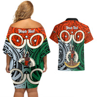 Personalised Vanuatu Penama Province Couples Matching Off Shoulder Short Dress and Hawaiian Shirt Pig Tusk Mix Maori Pattern and Namele Leaf LT03 - Polynesian Pride