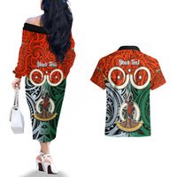 Personalised Vanuatu Penama Province Couples Matching Off The Shoulder Long Sleeve Dress and Hawaiian Shirt Pig Tusk Mix Maori Pattern and Namele Leaf LT03 - Polynesian Pride