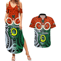 Personalised Vanuatu Penama Province Couples Matching Summer Maxi Dress and Hawaiian Shirt Pig Tusk Mix Maori Pattern and Namele Leaf LT03 Orange - Polynesian Pride