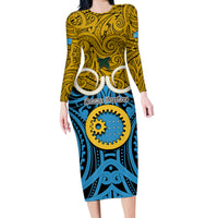 Vanuatu Sanma Province Family Matching Long Sleeve Bodycon Dress and Hawaiian Shirt Pig Tusk Mix Maori Pattern and Namele Leaf LT03 Mom's Dress Blue - Polynesian Pride