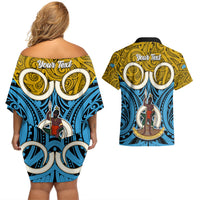 Personalised Vanuatu Sanma Province Couples Matching Off Shoulder Short Dress and Hawaiian Shirt Pig Tusk Mix Maori Pattern and Namele Leaf LT03 - Polynesian Pride