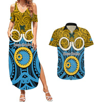 Personalised Vanuatu Sanma Province Couples Matching Summer Maxi Dress and Hawaiian Shirt Pig Tusk Mix Maori Pattern and Namele Leaf LT03 Blue - Polynesian Pride