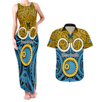 Personalised Vanuatu Sanma Province Couples Matching Tank Maxi Dress and Hawaiian Shirt Pig Tusk Mix Maori Pattern and Namele Leaf LT03 Blue - Polynesian Pride