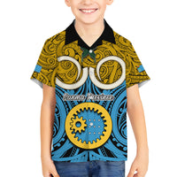 Personalised Vanuatu Sanma Province Family Matching Long Sleeve Bodycon Dress and Hawaiian Shirt Pig Tusk Mix Maori Pattern and Namele Leaf LT03 Son's Shirt Blue - Polynesian Pride