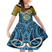 Personalised Vanuatu Sanma Province Kid Short Sleeve Dress Pig Tusk Mix Maori Pattern and Namele Leaf LT03 KID Blue - Polynesian Pride