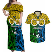 Personalised Vanuatu Malampa Province Couples Matching Off Shoulder Maxi Dress and Hawaiian Shirt Pig Tusk Mix Maori Pattern and Namele Leaf LT03 Yellow - Polynesian Pride