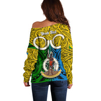 Personalised Vanuatu Malampa Province Off Shoulder Sweater Pig Tusk Mix Maori Pattern and Namele Leaf LT03 - Polynesian Pride