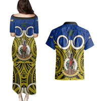 Vanuatu Torba Province Couples Matching Puletasi Dress and Hawaiian Shirt Pig Tusk Mix Maori Pattern and Namele Leaf LT03 - Polynesian Pride