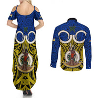 Vanuatu Torba Province Couples Matching Summer Maxi Dress and Long Sleeve Button Shirts Pig Tusk Mix Maori Pattern and Namele Leaf LT03 - Polynesian Pride