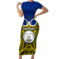 Vanuatu Torba Province Family Matching Short Sleeve Bodycon Dress and Hawaiian Shirt Pig Tusk Mix Maori Pattern and Namele Leaf LT03 Mom's Dress Blue - Polynesian Pride